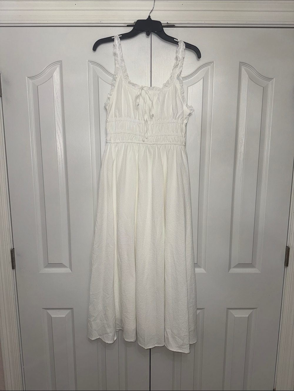 White Smocked Midi Sundress with Ruffled Straps